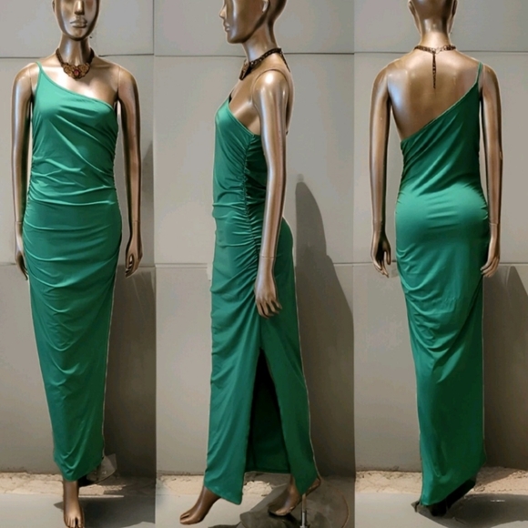 NWT Sexy Green One Shoulder Ruched Sides Split Thigh Maxi Dress Sz M - Picture 14 of 14